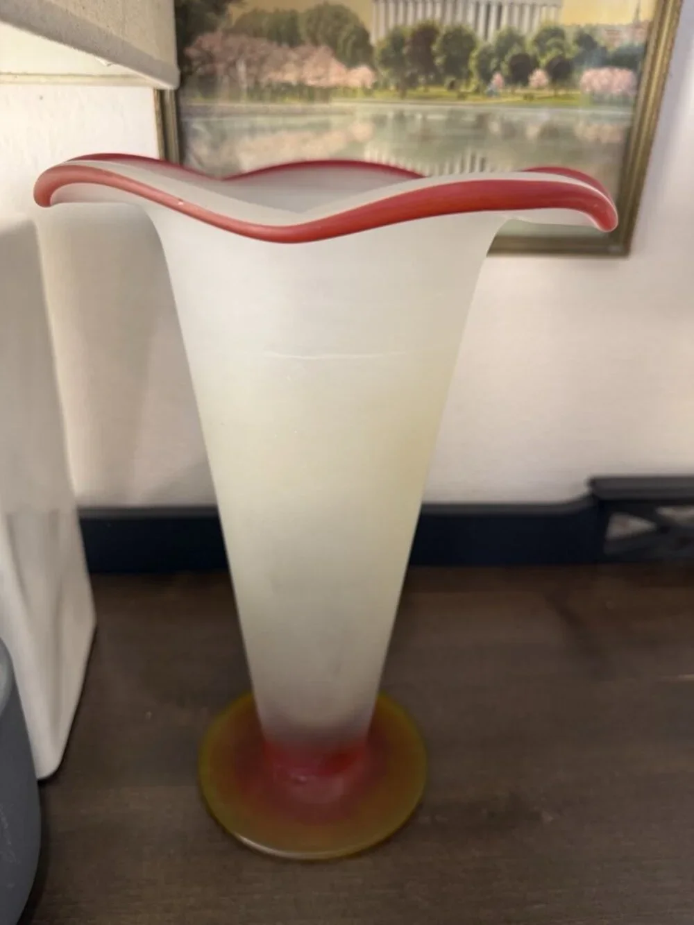 Vintage Mid-Century Art Glass Handkerchief Vase – Frosted White Red Amber – 11”